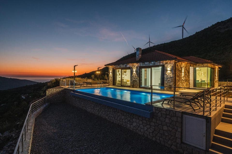 Property building, Swimming pool, Sunset