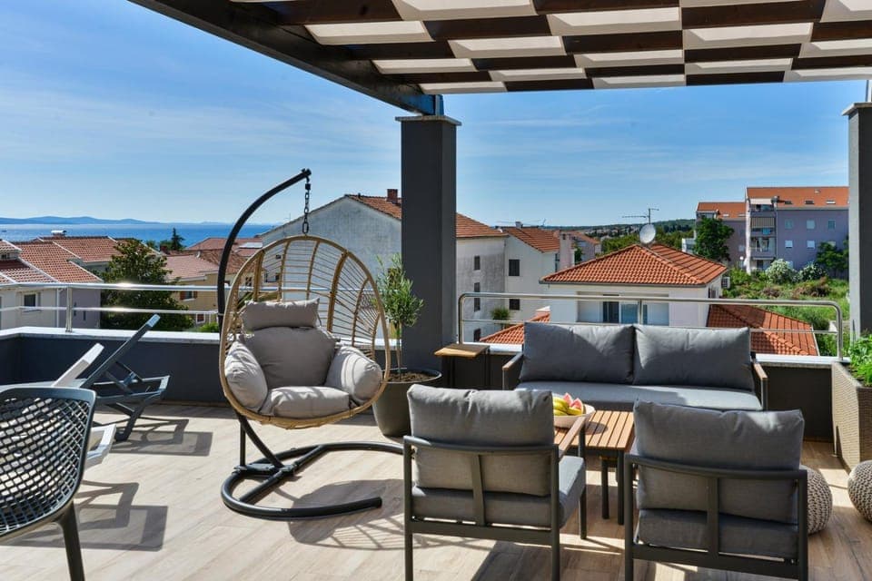 Property building, Patio, Day, Natural landscape, View (from property/room), Balcony/Terrace, Living room, Seating area, Sea view