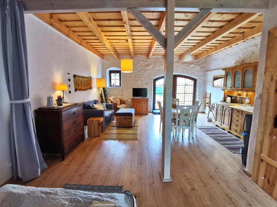 Kitchen or kitchenette, Living room, Seating area, Dining area