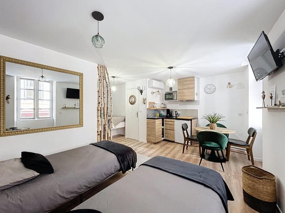 Bed, TV and multimedia, Kitchen or kitchenette, Living room, Photo of the whole room, Seating area, Dining area, Bedroom, oven, stove