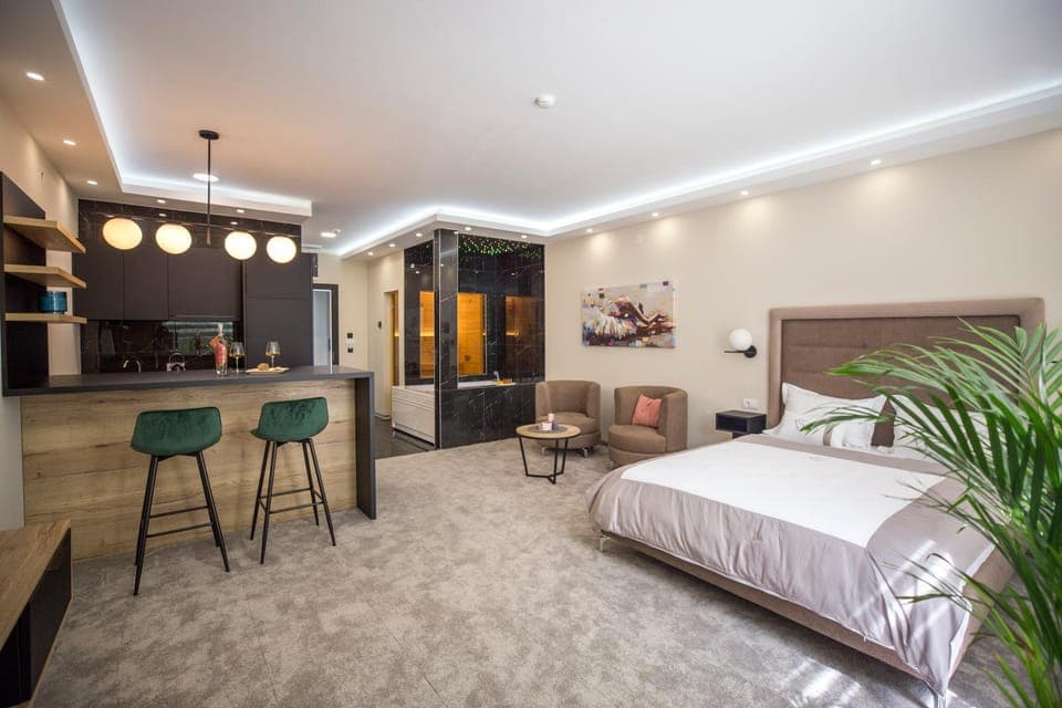 Bed, Kitchen or kitchenette, Living room, Seating area