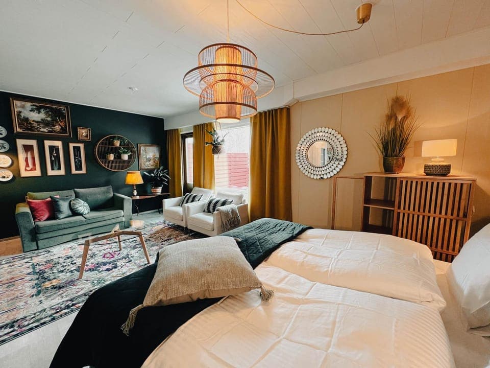 Bed, Living room, Photo of the whole room, Seating area, Bedroom