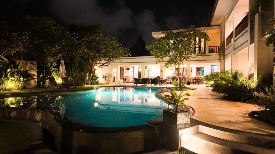 Property building, Patio, Night, Garden, Garden view, Pool view, Swimming pool