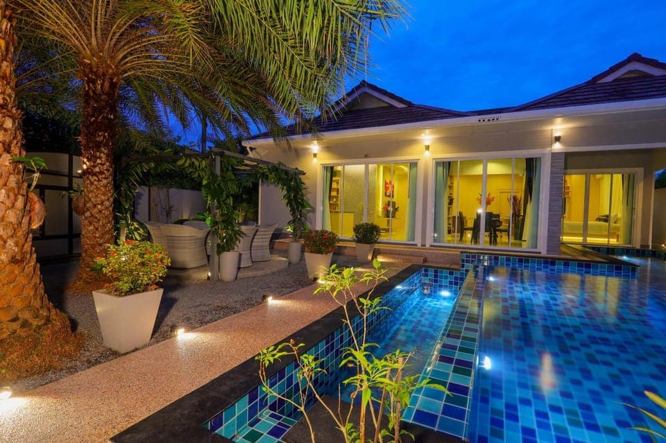 Night, Garden, Swimming pool