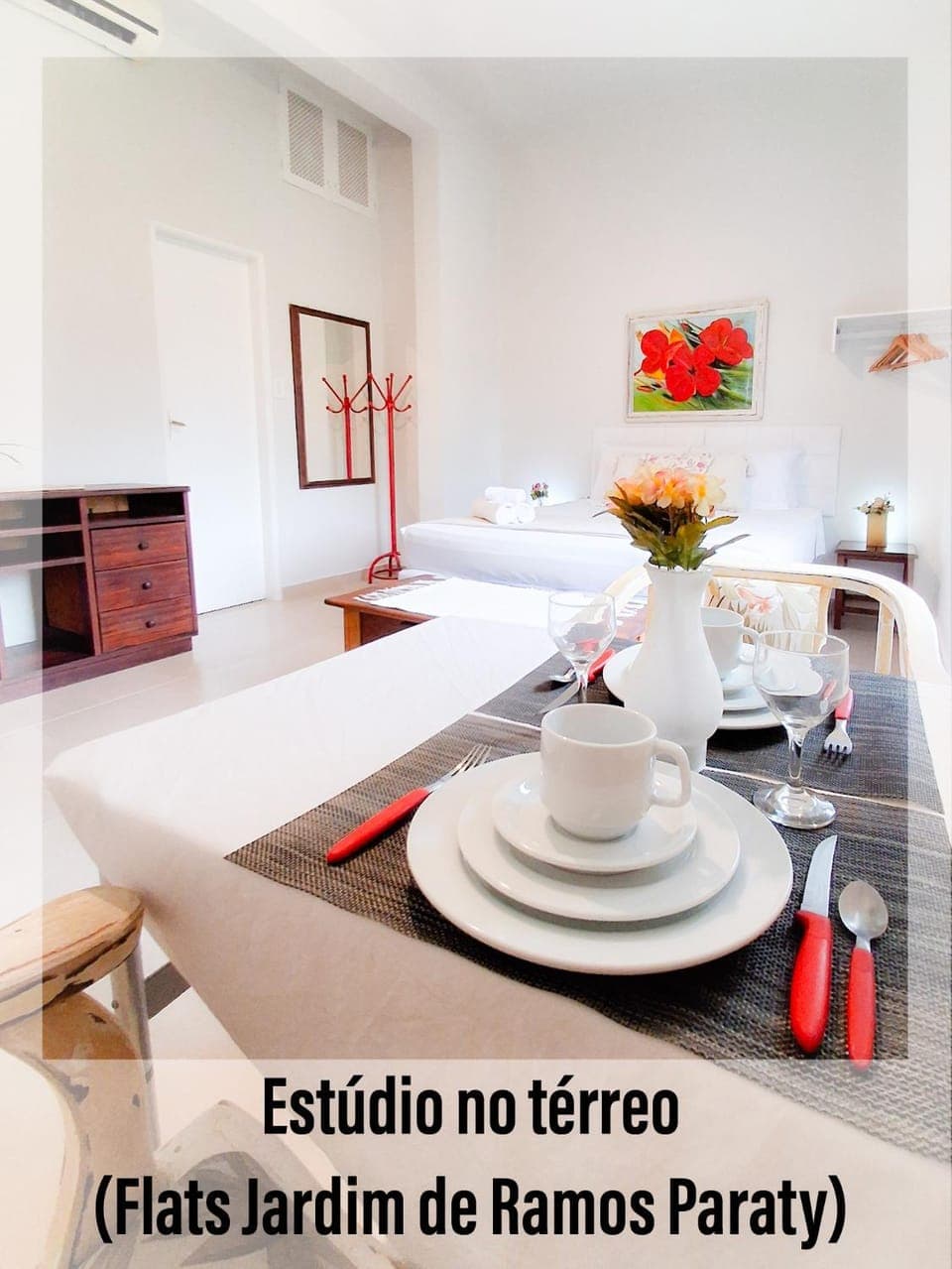 Bed, Photo of the whole room, Dining area, Bedroom, Text overlay, air conditioner