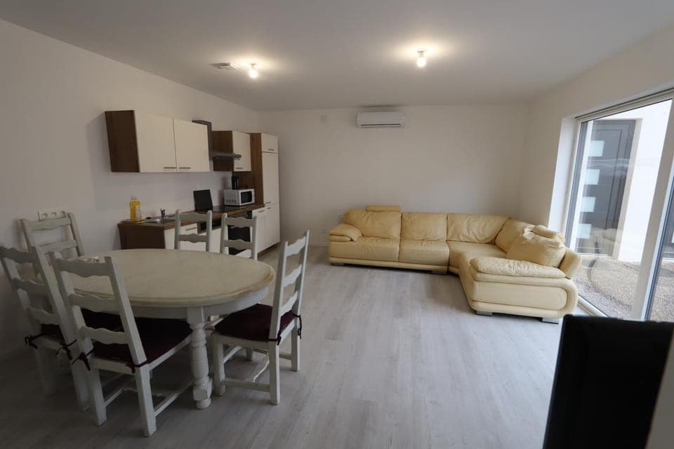 Kitchen or kitchenette, Living room, Seating area, Dining area, air conditioner