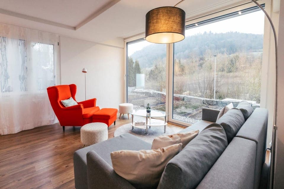 Natural landscape, Living room, Seating area, Mountain view