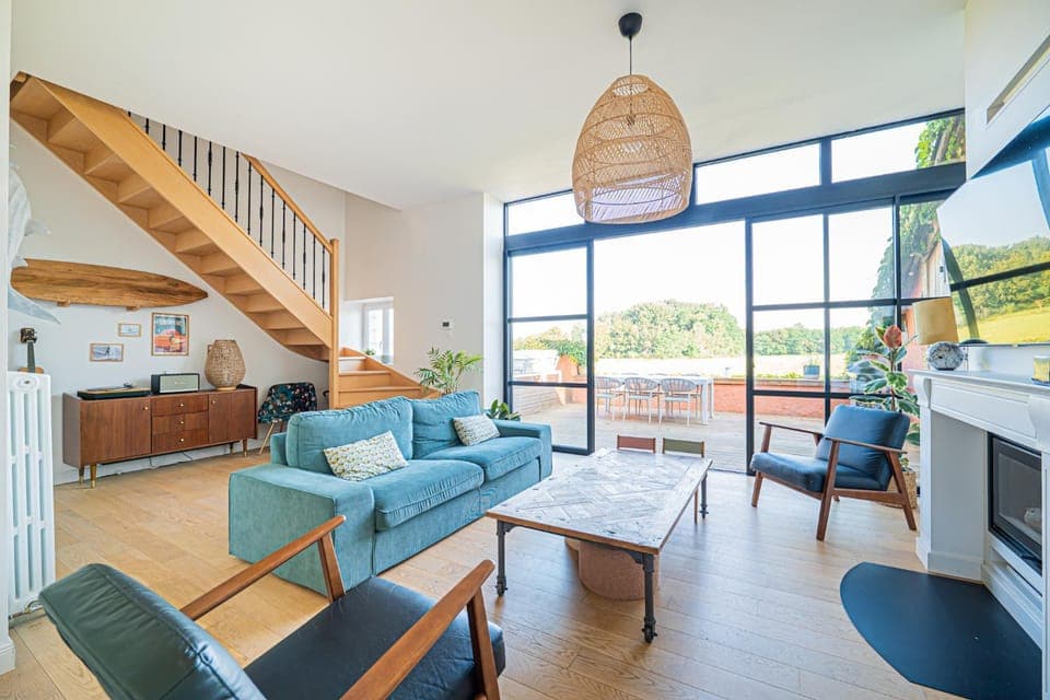 Living room, Swimming pool, fireplace