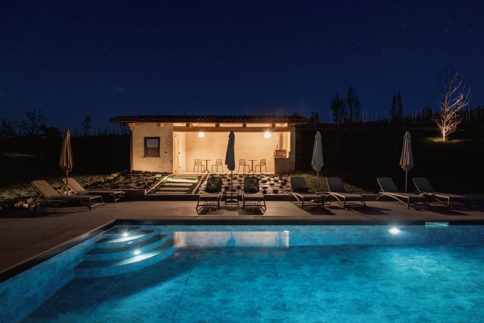 Patio, Night, Swimming pool, sunbed