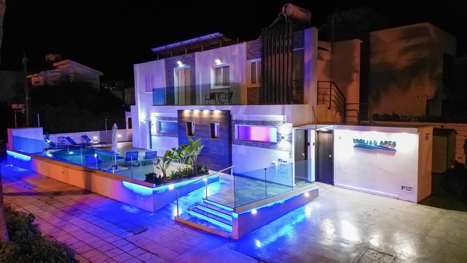 Property building, Night, Pool view, Swimming pool