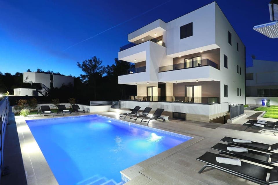 Property building, Night, Swimming pool