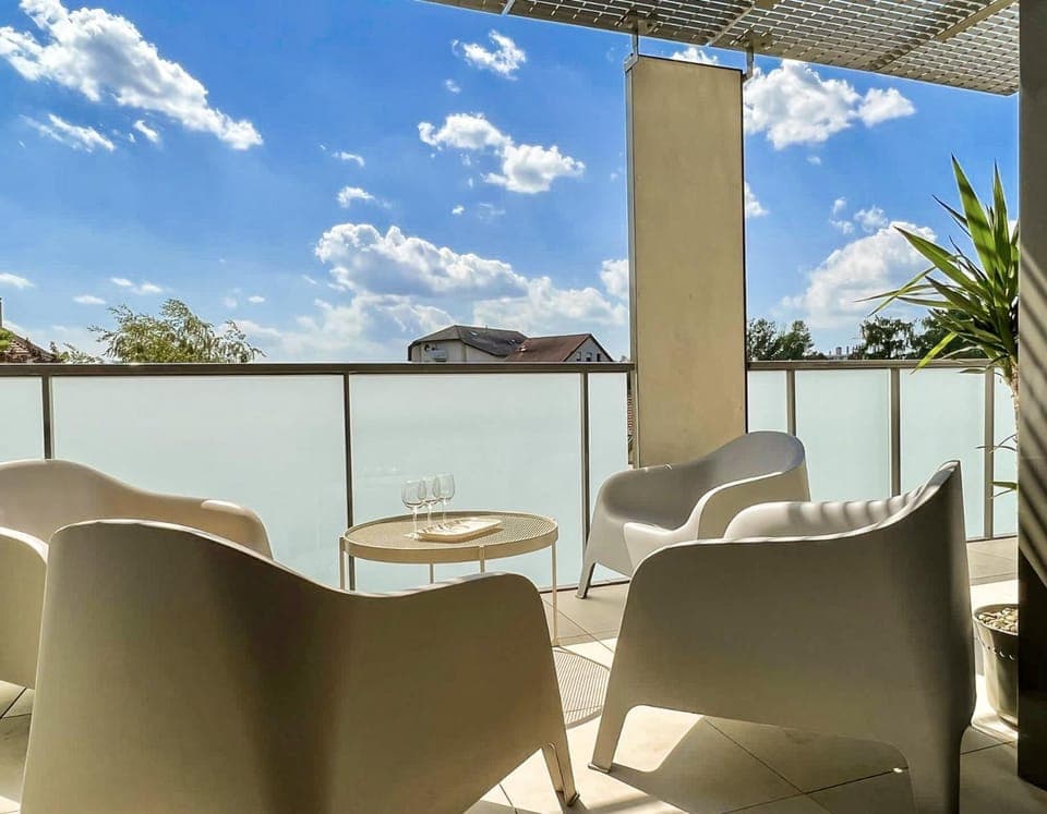 Patio, Day, Natural landscape, View (from property/room), Balcony/Terrace, Living room, Seating area, Lake view, River view, Sea view