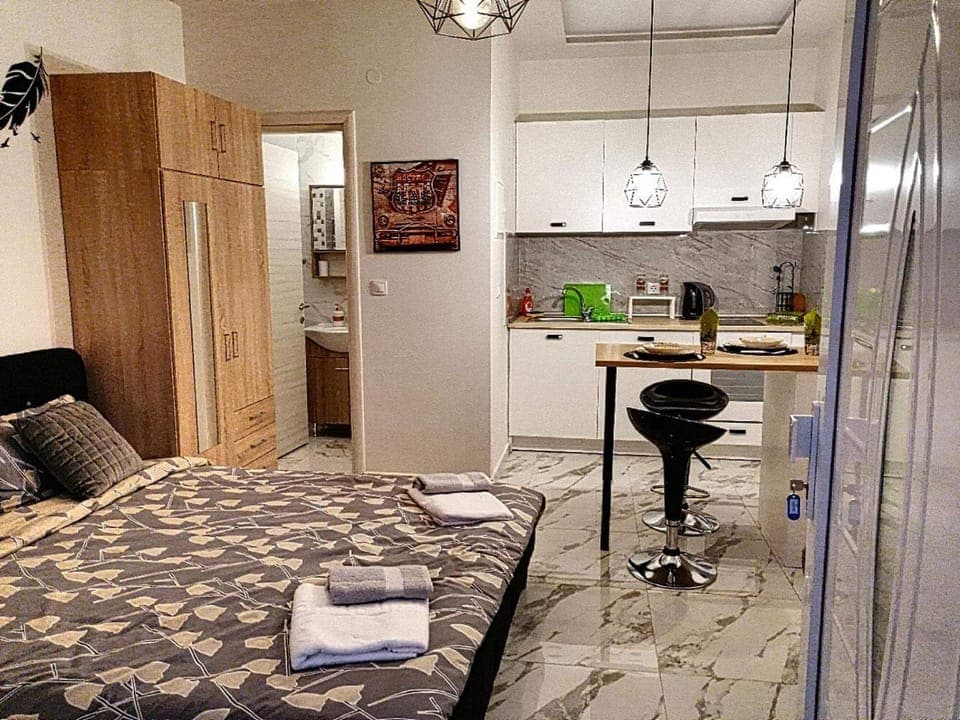 Bed, Kitchen or kitchenette, Photo of the whole room, Bedroom, minibar, oven, pet friendly, stove, towels, wardrobe