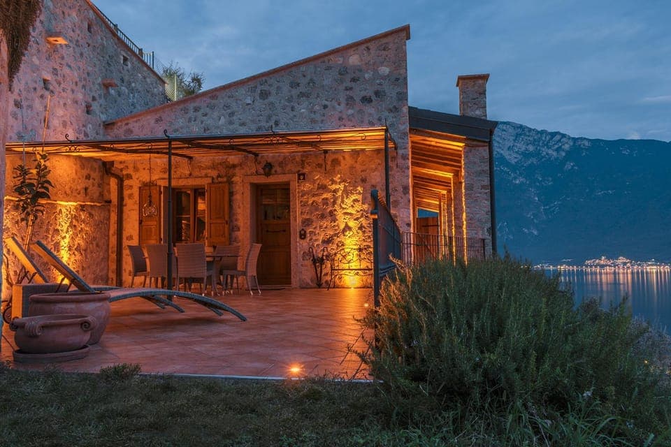 Property building, Patio, Night, Natural landscape, Lake view, Mountain view