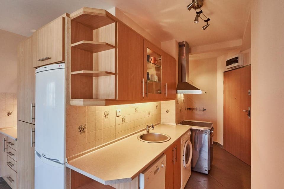 Kitchen or kitchenette, dishwasher, oven