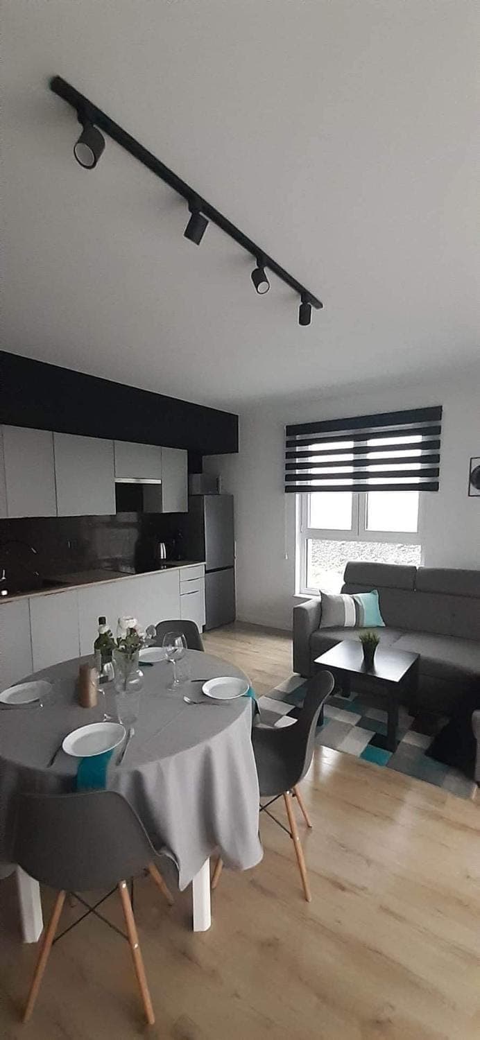 Kitchen or kitchenette, Living room, Seating area, Dining area