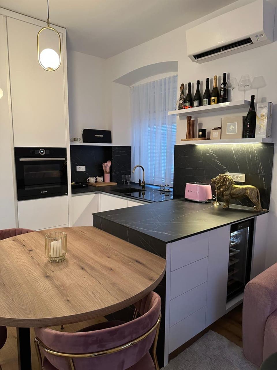 Dining area, stove, kitchen