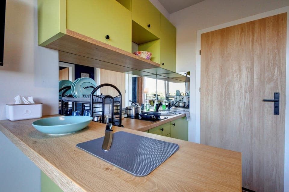 Kitchen or kitchenette, stove