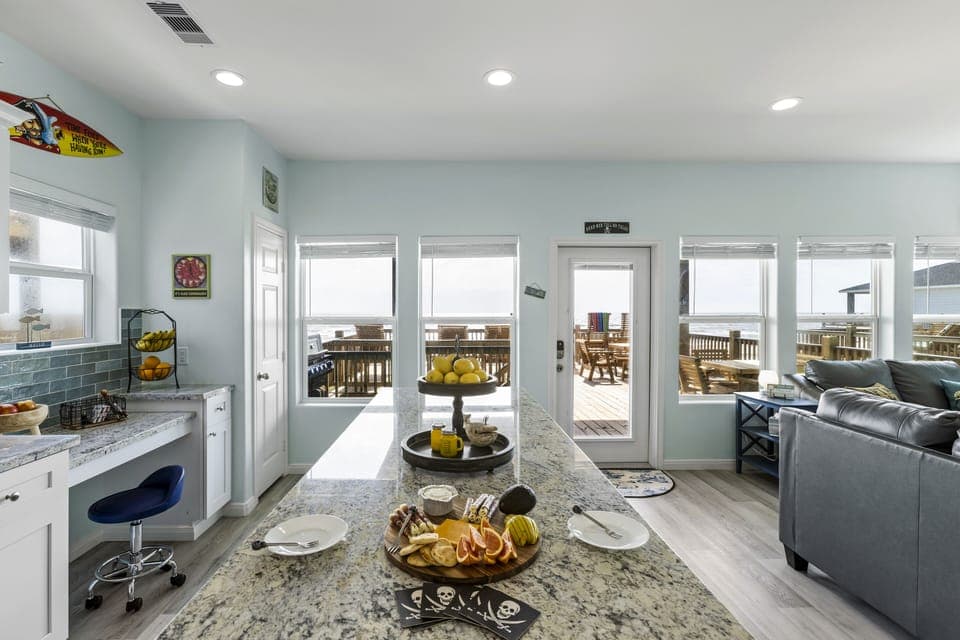 Large kitchen island with beautiful views of the Gulf.