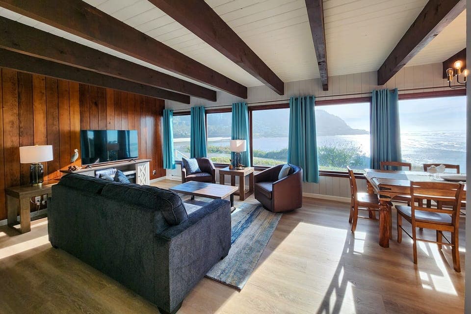 The wall of windows allows you to sit and watch the ocean and spouting horns across the bay.