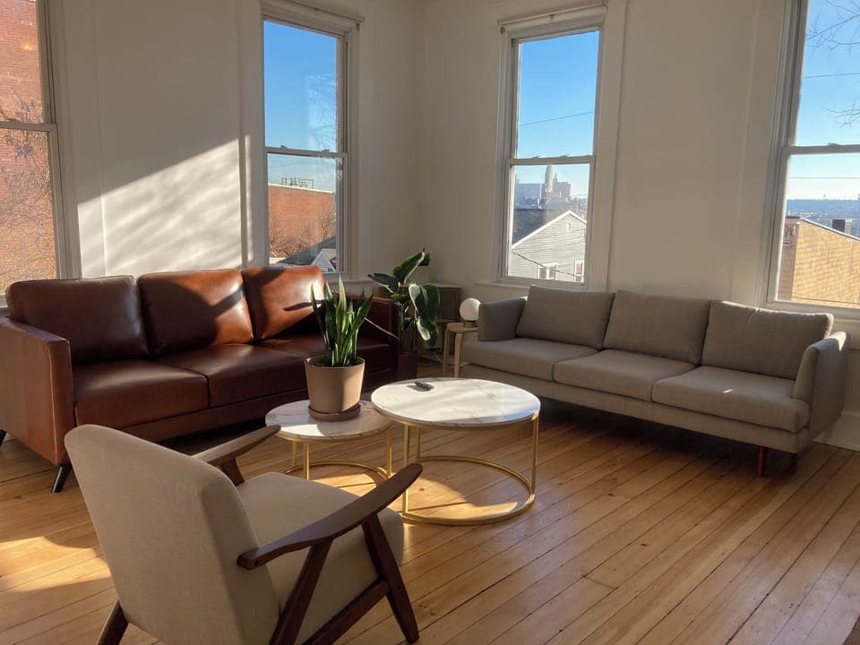 Living room on the second floor with amazing views of downtown Cincinnati.