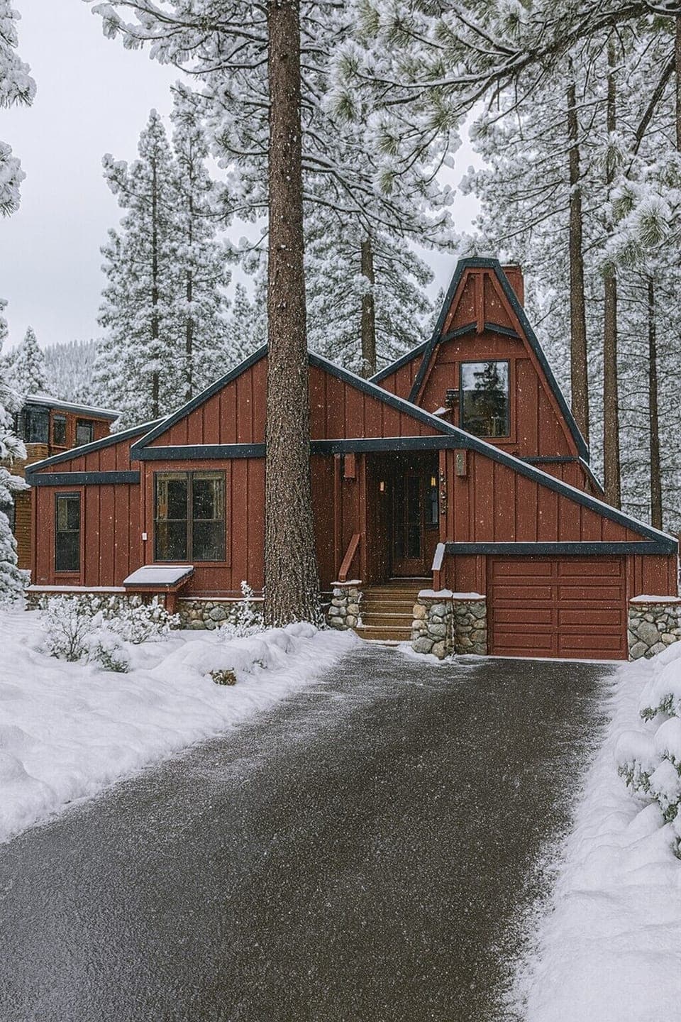 Front of cabin, nestled within beautiful pines
