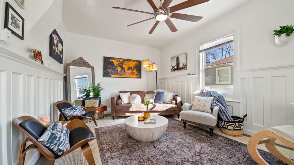 High Ceiling Living Room, With Sofa, Various Seating Options, Good Lighting