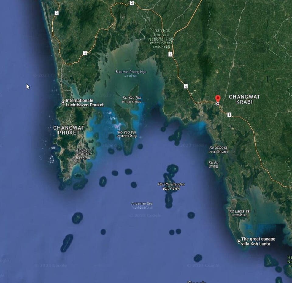 Phuket airport - 2 hours 
Krabi airport - 2,5 hours
Phi Phi islands - 1 hour