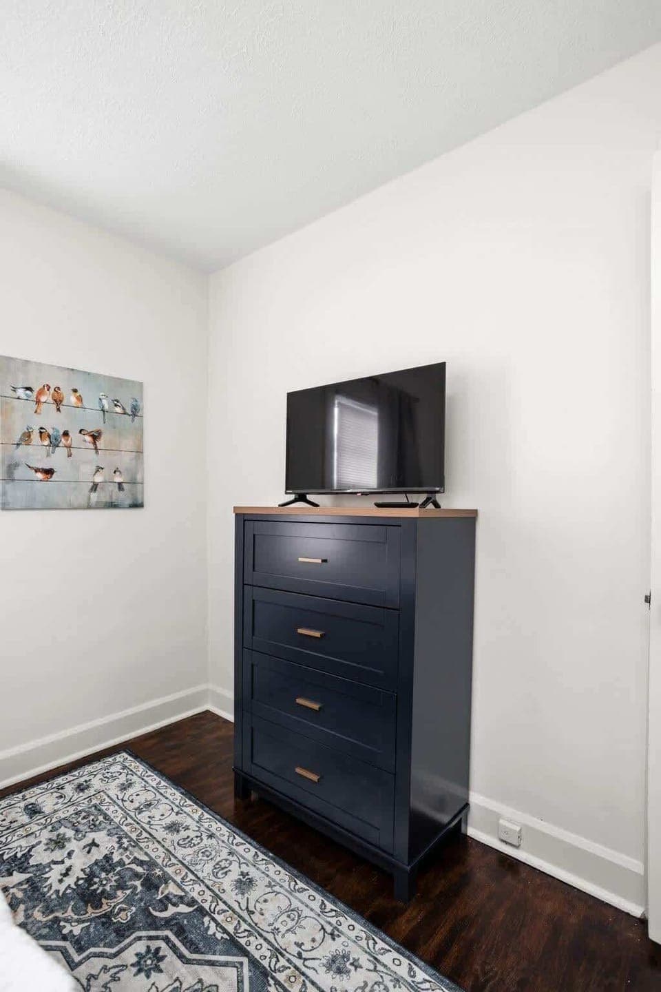 Bedroom: Relax in style with a sleek dresser, TV, and charming bird artwork!