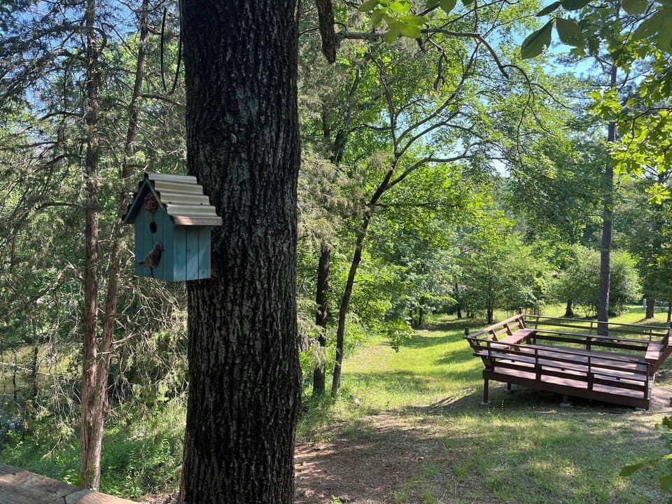 Shared deck and firepit at end of cabin 1.