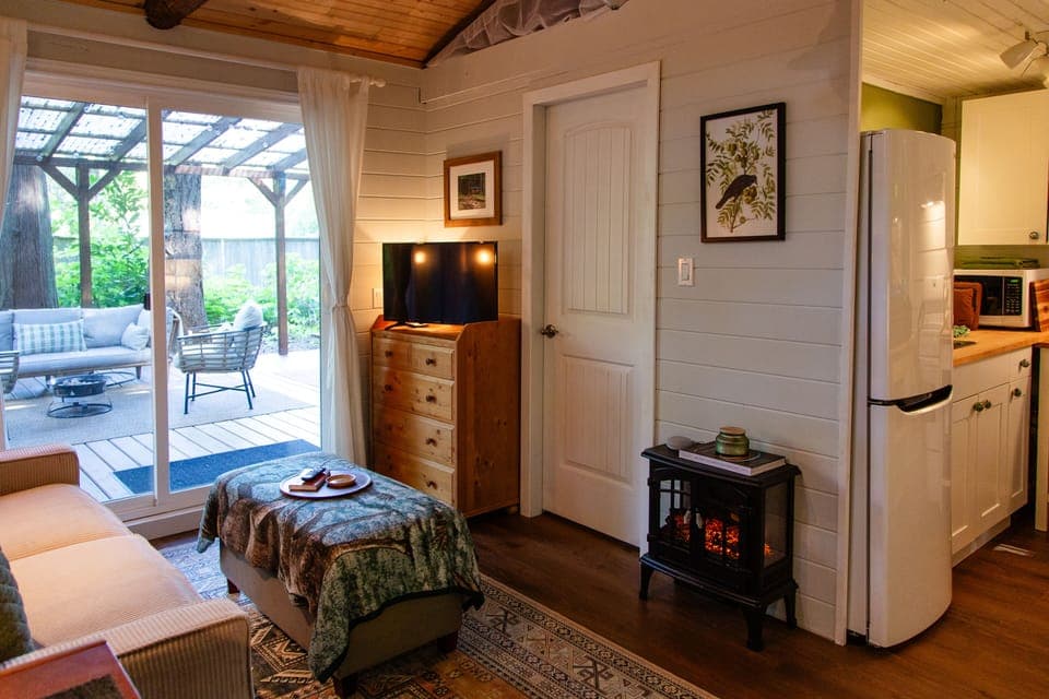 Amenities in the living space, including an electric fireplace heater, and TV.