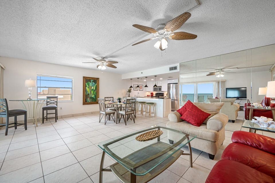 View from living room looking towards dining and kitchen area.