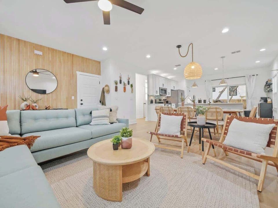 Open concept living room, dining room, and kitchen