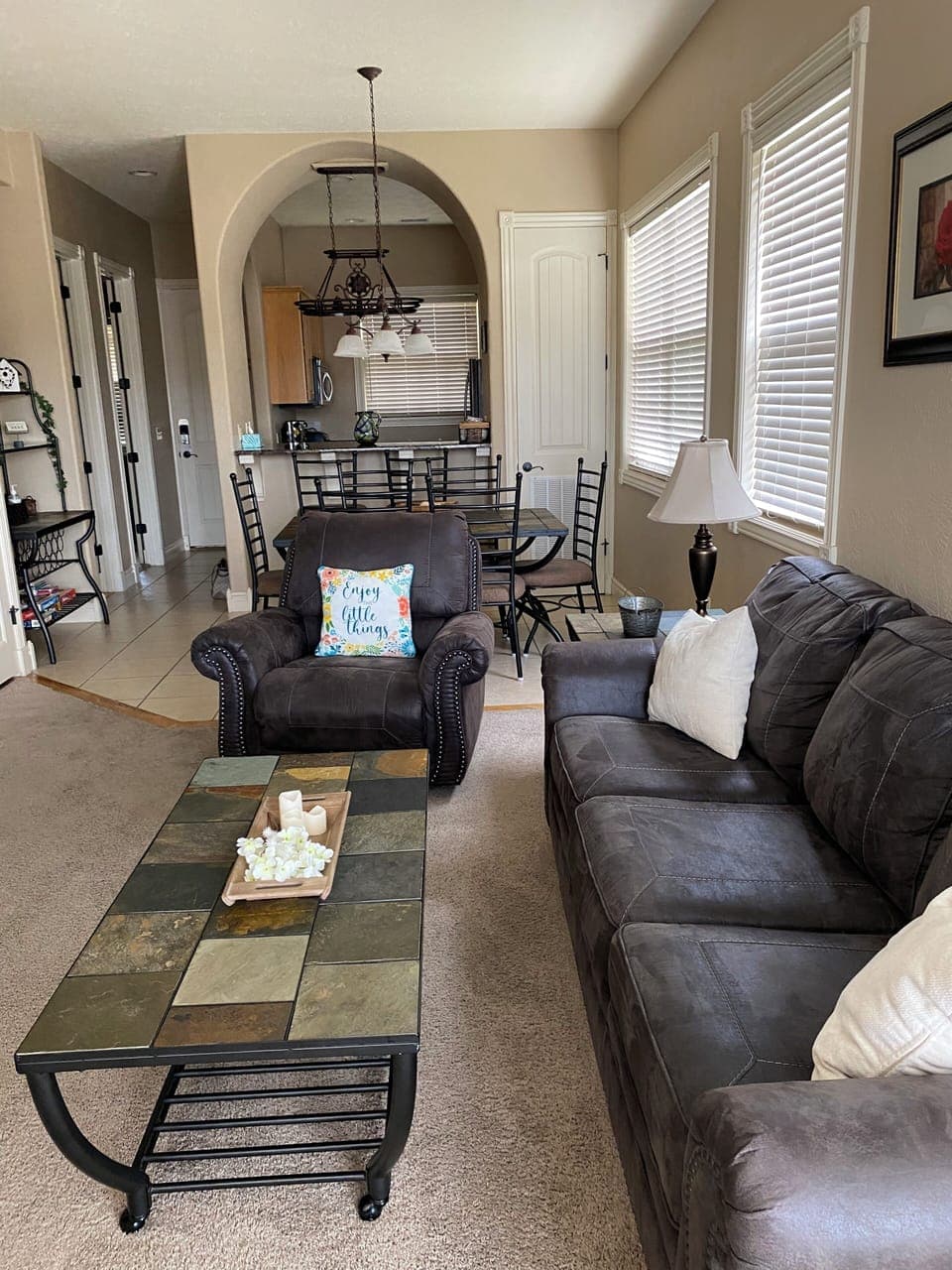 spacious living room with with fold out full size bed couch bed.