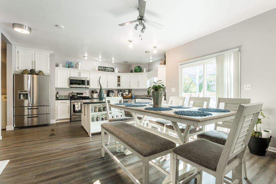 Kitchen, dining room and living room open space