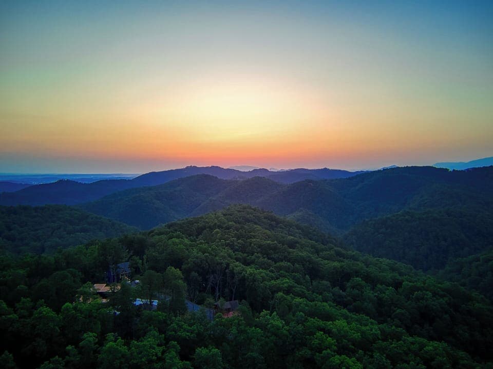 Cabin with a Hot Tub in the Smokies "Autumn Colors" - Aerial view from above the cabin at dawn