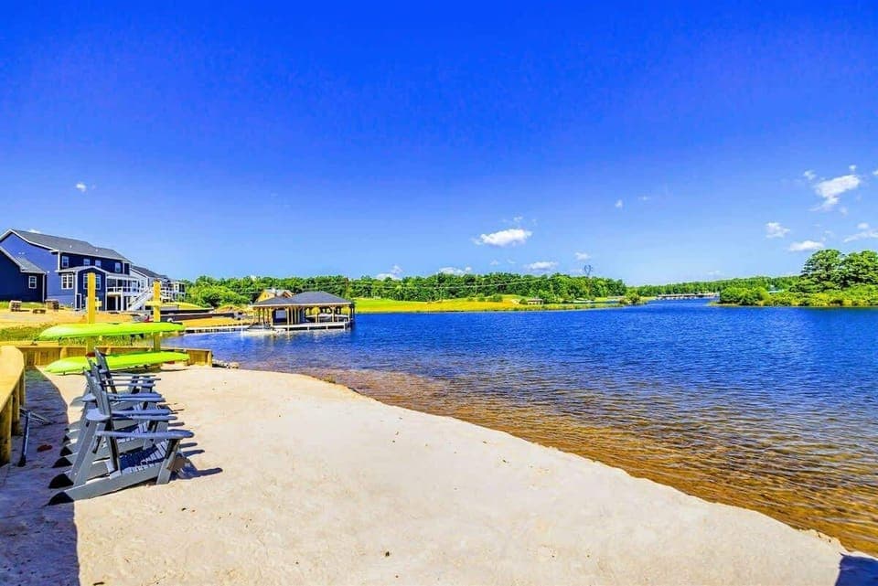 Explore the lake with available kayaks and enjoy the peaceful surroundings from the sandy beach