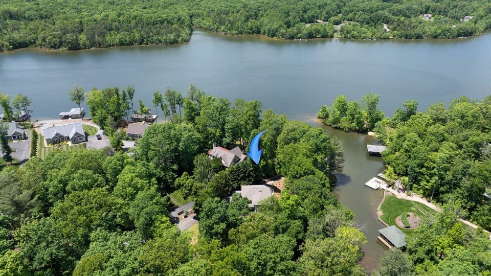Aerial shot of our 6+ acres of wooded land with 400+' of shoreline to explore!