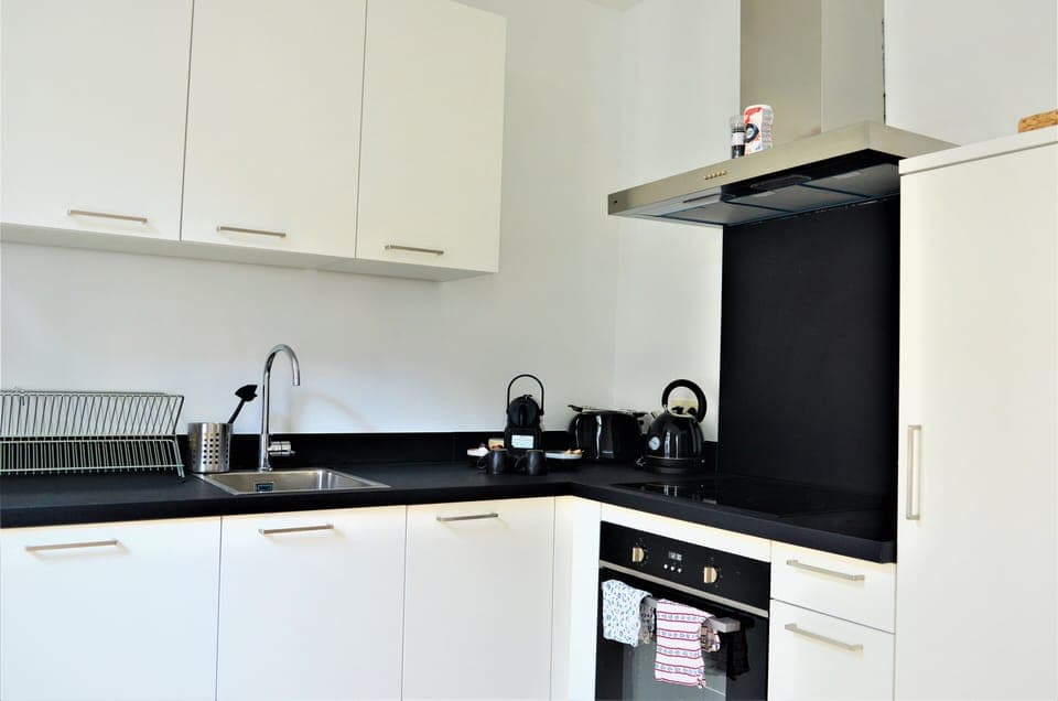 Full-size fridge, oven, stovetop, dishwasher