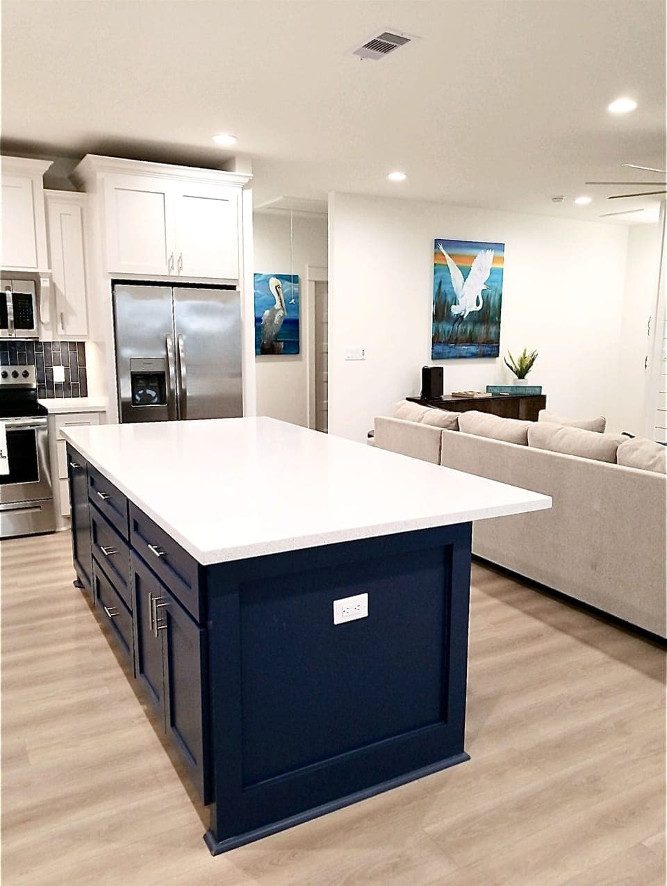 Kitchen island and living room