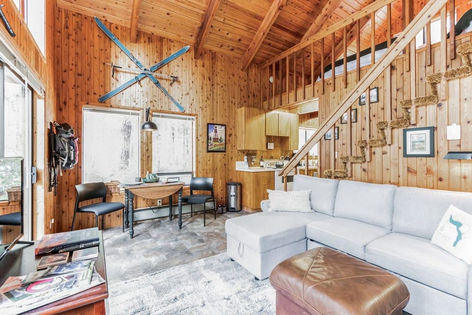 Open living and dining area with sleeper sofa.