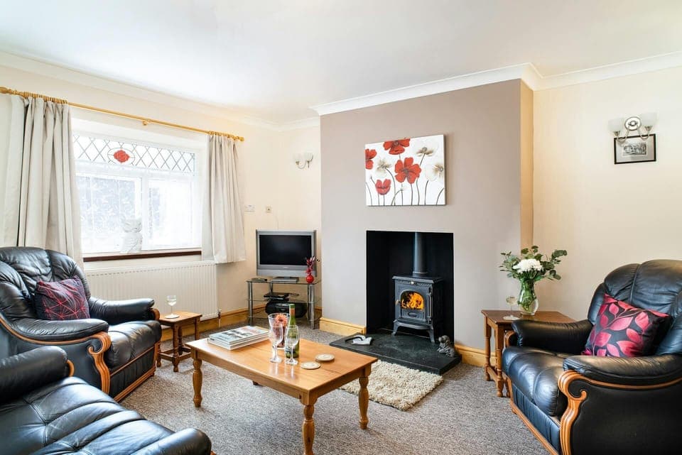 Lounge with sofa, armchairs, open fireplace with woodburner, tv