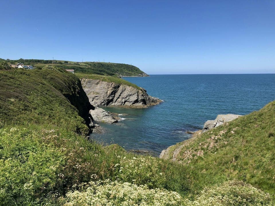 View from the Coastal Path towards Aberporth, cliffs , greenery and sea