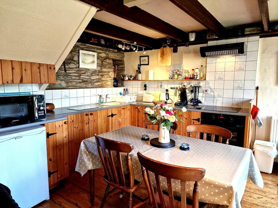 Kitchen/dining area: fridge, cooker, microwave, kettle, toaster, dining table with four chairs