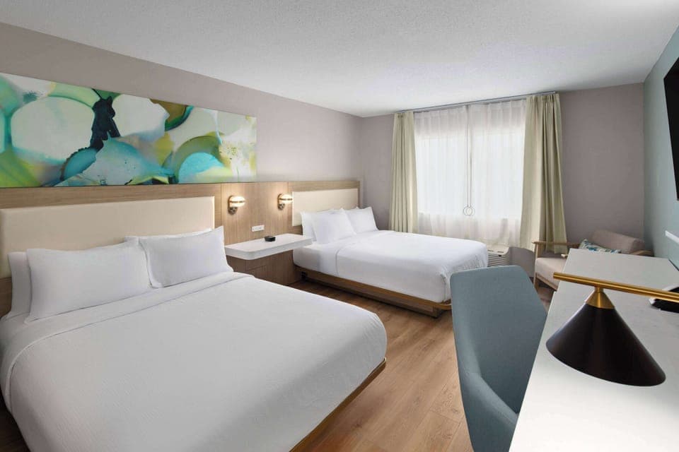 Room, 2 Queen Beds, Accessible, Non Smoking (Mobility/hearing, Roll-in Shower) | Desk, laptop workspace, blackout drapes, iron/ironing board