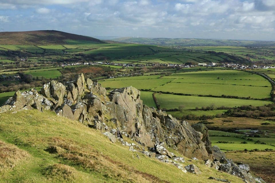 Rocky outcrop on the Preseli Hills with views across countryside