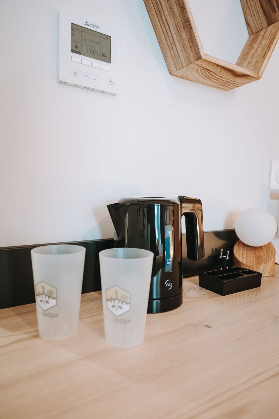 Desk, laptop workspace, blackout drapes, iron/ironing board