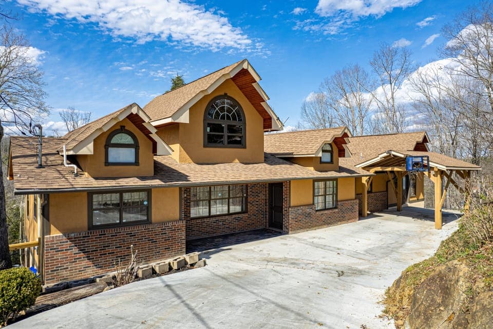 Front exterior view at Hoop Dreams Lodge, a 6 bedroom cabin rental located in Sevierville