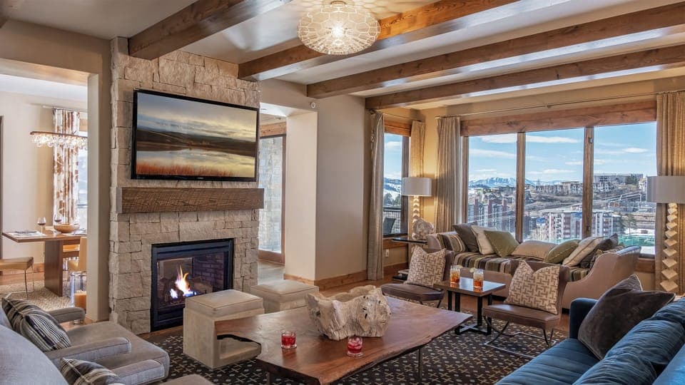 Great Room, Main Level - Cozy fireplace and slopeside views