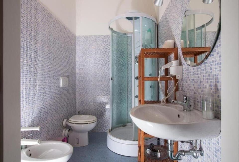 Shower, hair dryer, towels, toilet paper